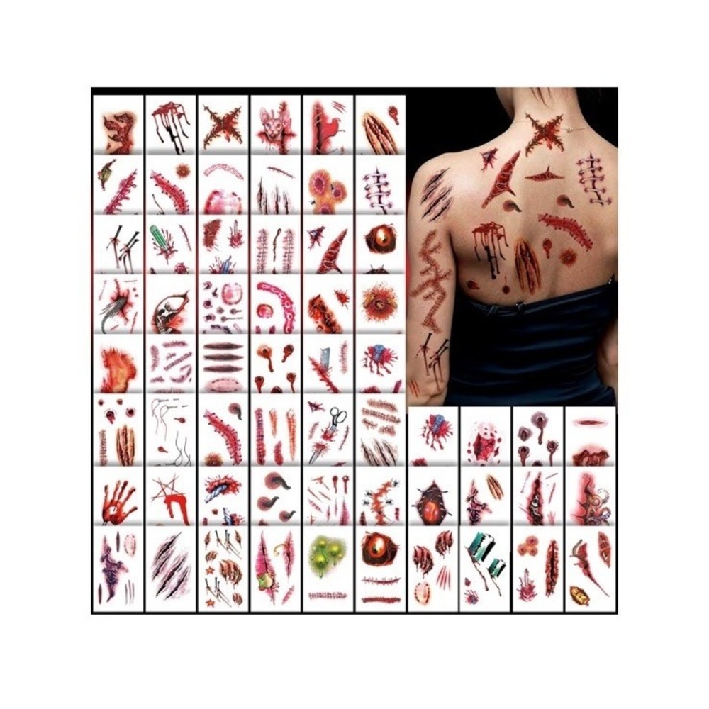 60 Sheets Fake Scars Temporary Tattoos, Horror Realistic Wound Stitch Prop NEW